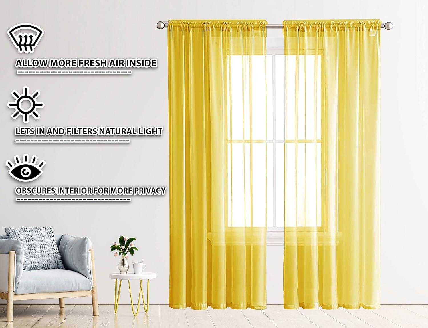 Seasons Sheer Window Curtains 5 Feet Set of 2,Mustard - Image 3