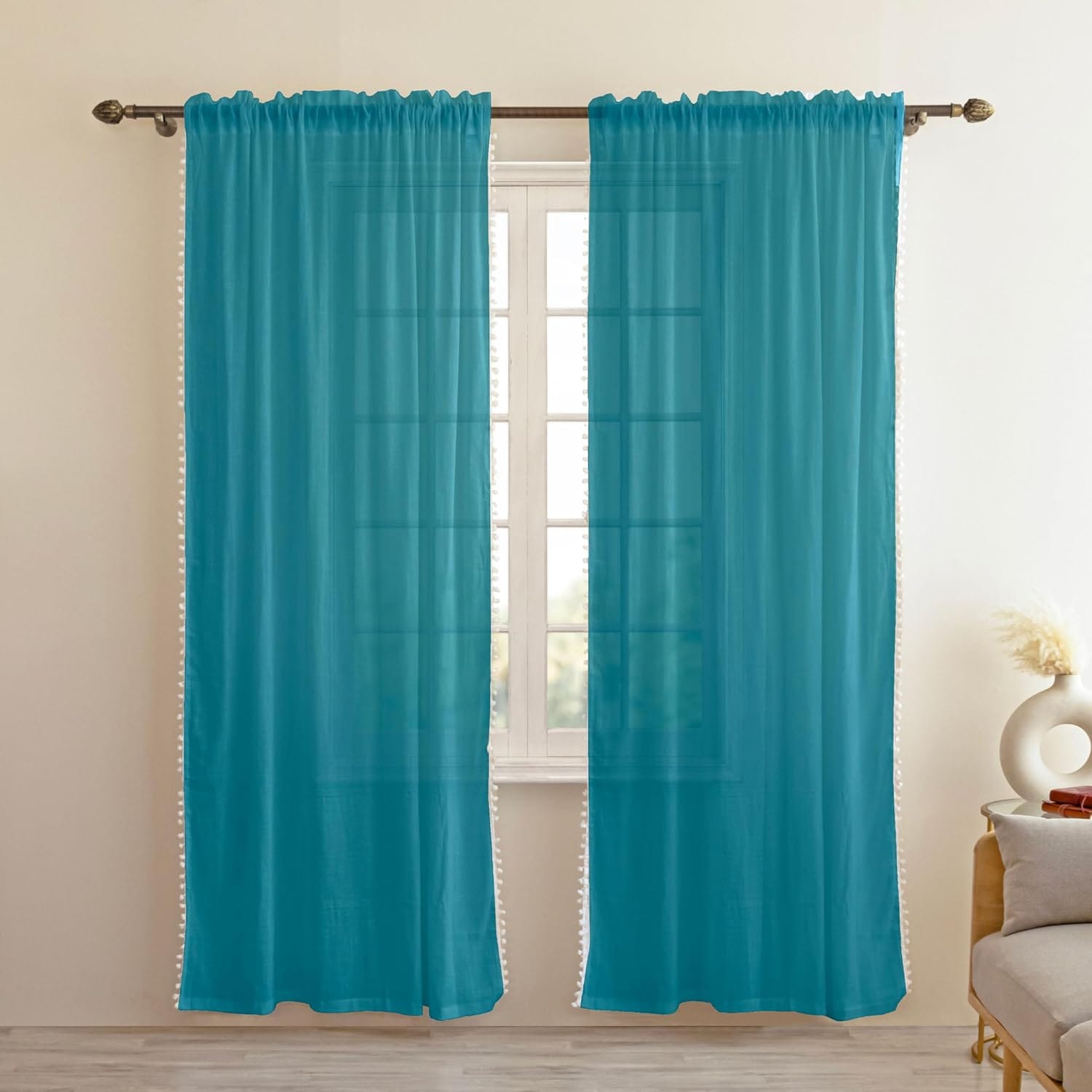 Seasons Sheer Door Curtains with Pompoms- 7 Feet, Blue - Image 4