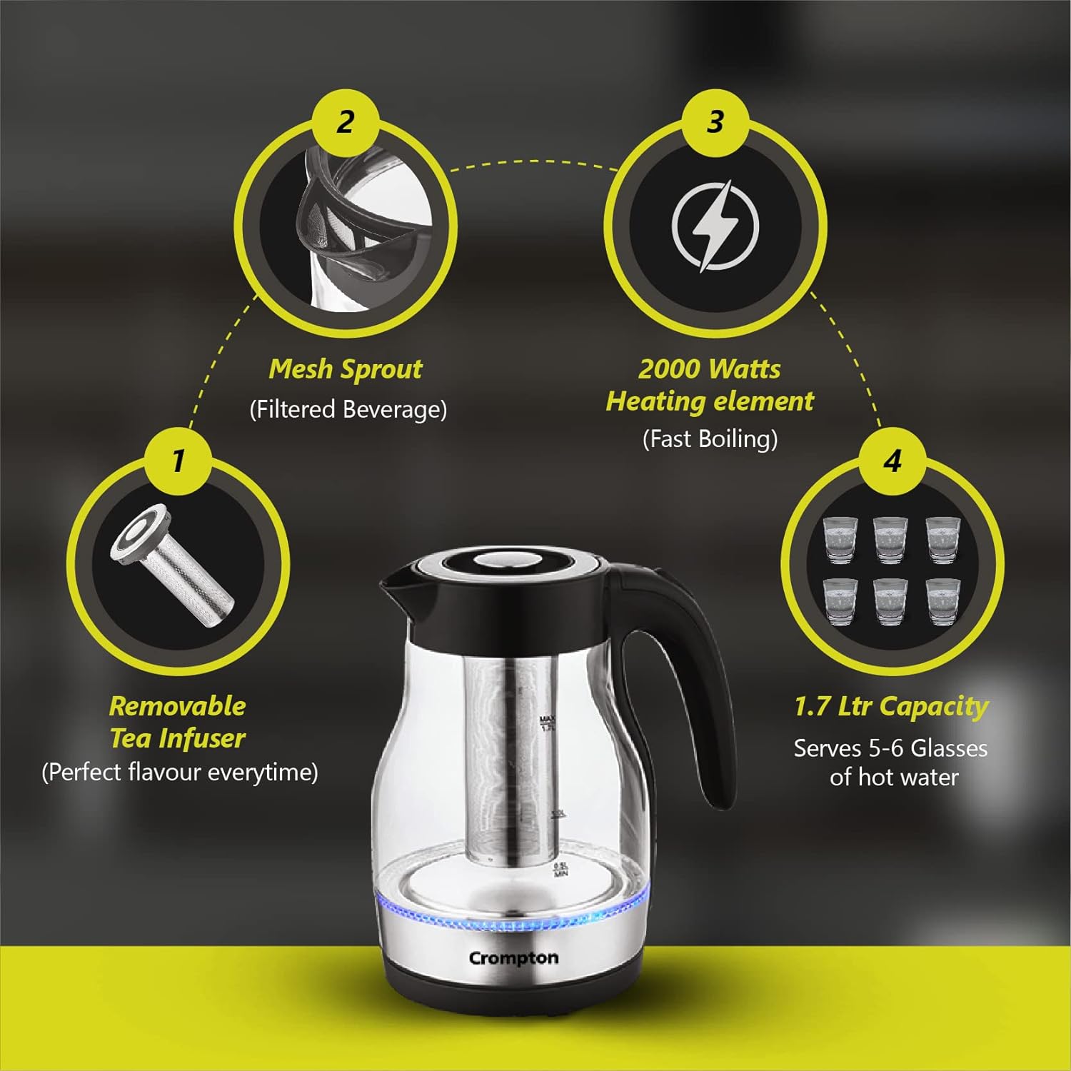 Crompton Deluxehot 1.7 Ltr Electric Kettle??(1.7 L, Black and Steel finish) - Image 4