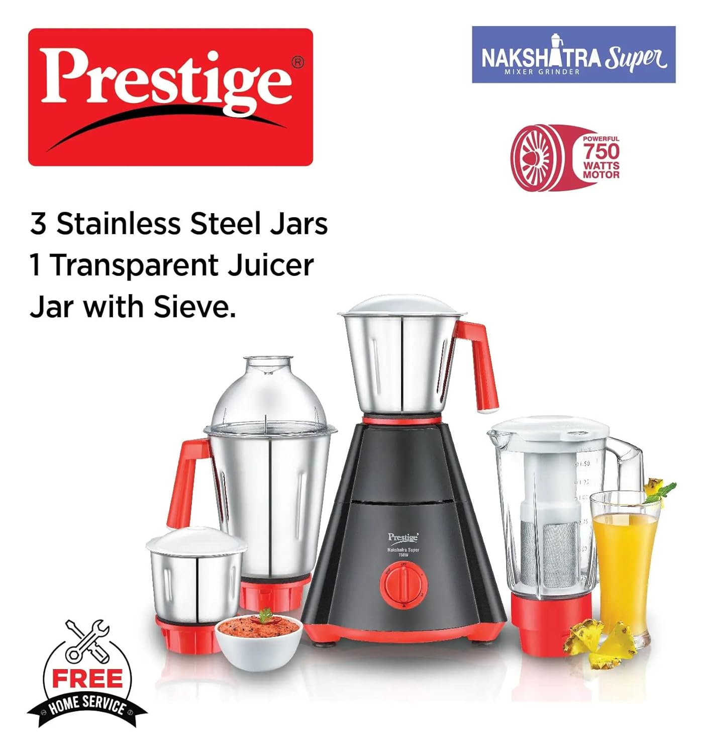 Prestige Nakshatra Super 4 Jars (1500 ml,1500 ml,1000 ml,300 ml) (Black,Red) 750 Juicer Mixer Grinder (4 Jars,Black with Red) - Image 3