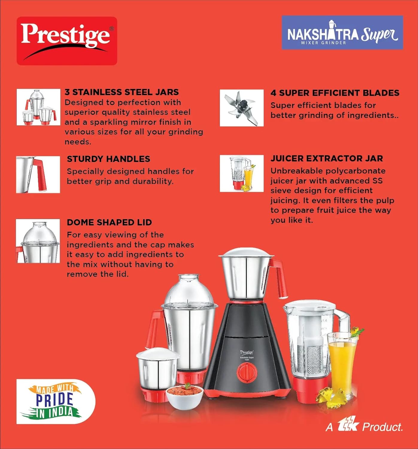 Prestige Nakshatra Super 4 Jars (1500 ml,1500 ml,1000 ml,300 ml) (Black,Red) 750 Juicer Mixer Grinder (4 Jars,Black with Red) - Image 4