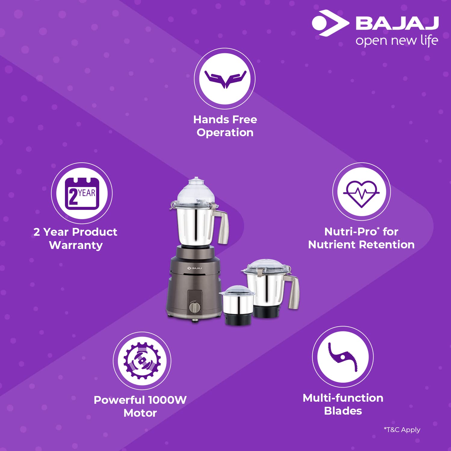 Bajaj 410540 Herculo 1000 Juicer Mixer Grinder (3 Jars,Coffee Brown & Gold) - Image 4