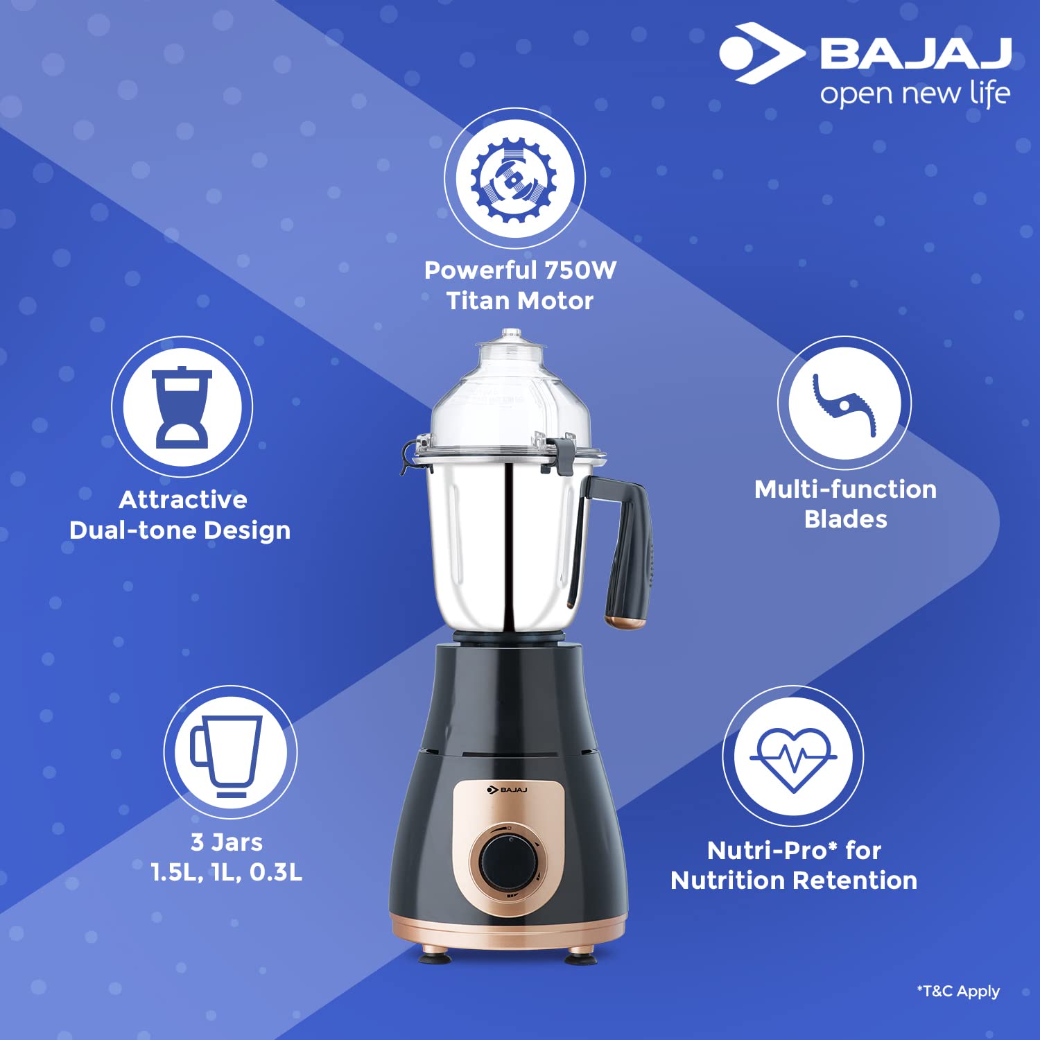 Bajaj GX 3701 750 Mixer Grinder (3 Jars,Black,Gold) - Image 4