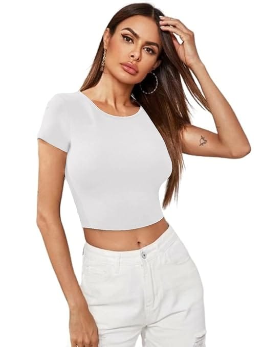 Women Short Sleeves Frost White Crop Top