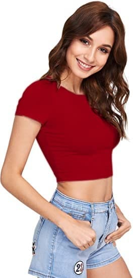 Women Round Neck Red Crop Top - Image 3