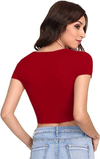 Women Round Neck Red Crop Top - Image 4