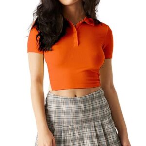 Women Ribbed Button Up Orange Crop Top