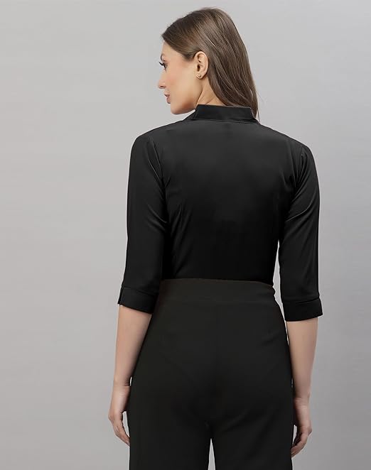 Women Poly Solid Black Shirt - Image 4