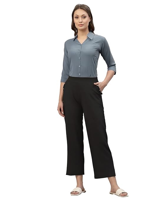 Women Poly Solid Grey Shirt - Image 3