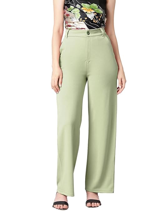 Women's High Rise Saga Green Cotton Fit Trousers - Image 3